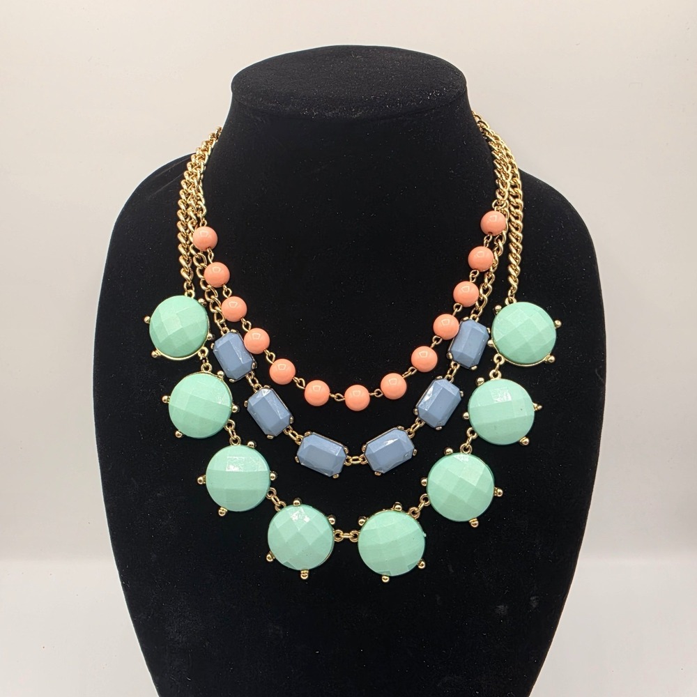 Womens Gold Tone Multi Strand Chain Chunky Multicolor Stone Pendant Necklace 24"